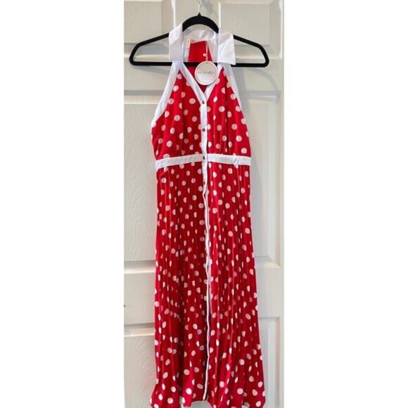 Available Red and White Polka Dot Pleated Halter Dress Sz M NWT #2 - Picture 6 of 6